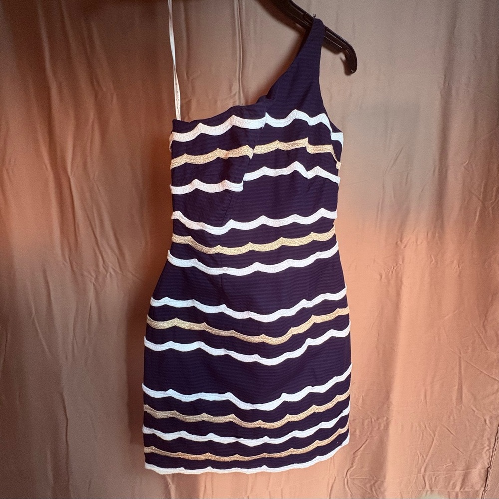 Lilly Pulitzer Womens  Navy Tylar Scallopy Stripey One Shoulder Dress 0